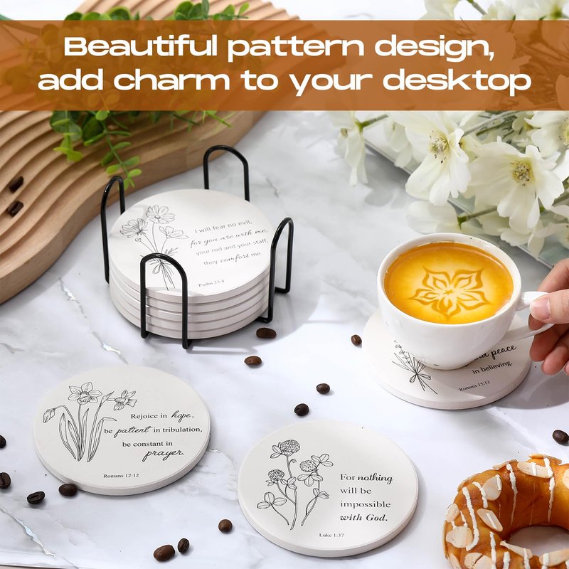 Hushee Set of 8 Christian Coasters with Bible Verses, Absorbent Ceramic Drink Coasters with Holder for Home Decor Table Protection Baptism First Communion Confirmation Gifts, 4 Inches(Floral)