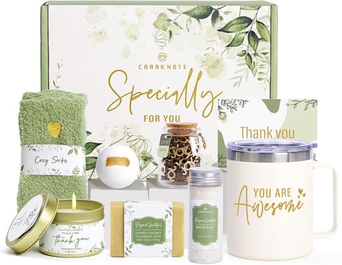 CARAKNOTS Thank You Gift Basket - Sage Green Spa Set with 12oz Mug & Joy Jar for Women, Teachers & Coworkers