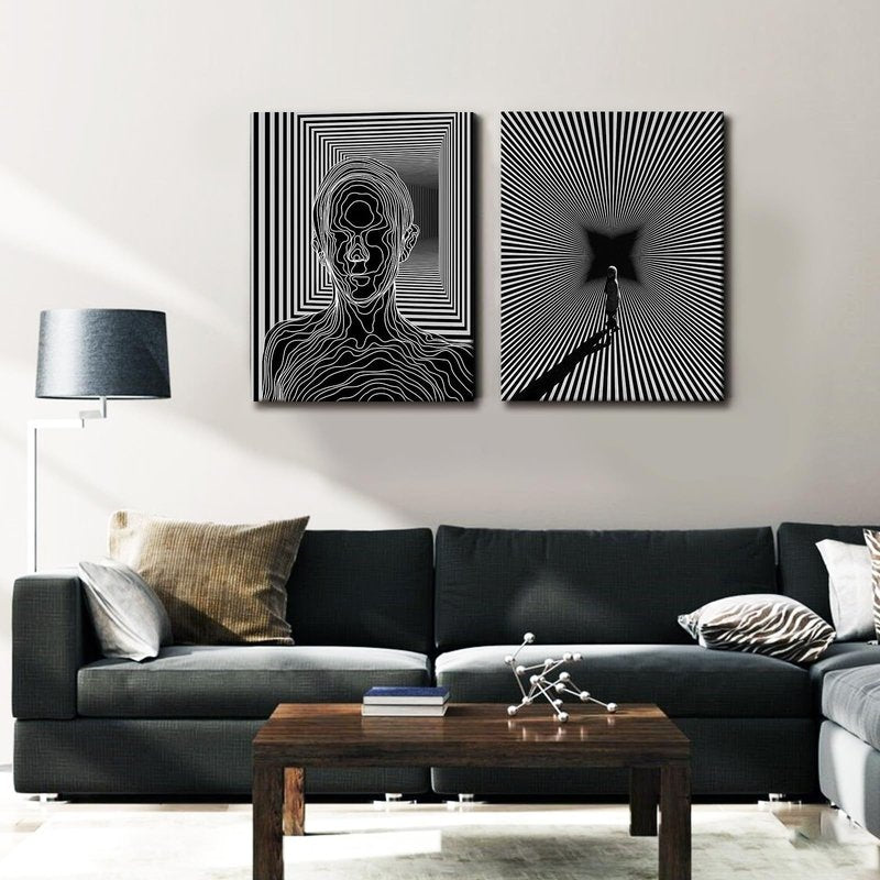 AUUAUU Black and White Minimalist Wall Art Set of 2-16x24 Inch Framed Abstract Poster Modern Optical Illusion Canvas Prints Geometric Lines Pictures Paintings for Living Room Bedroom Offic Decor