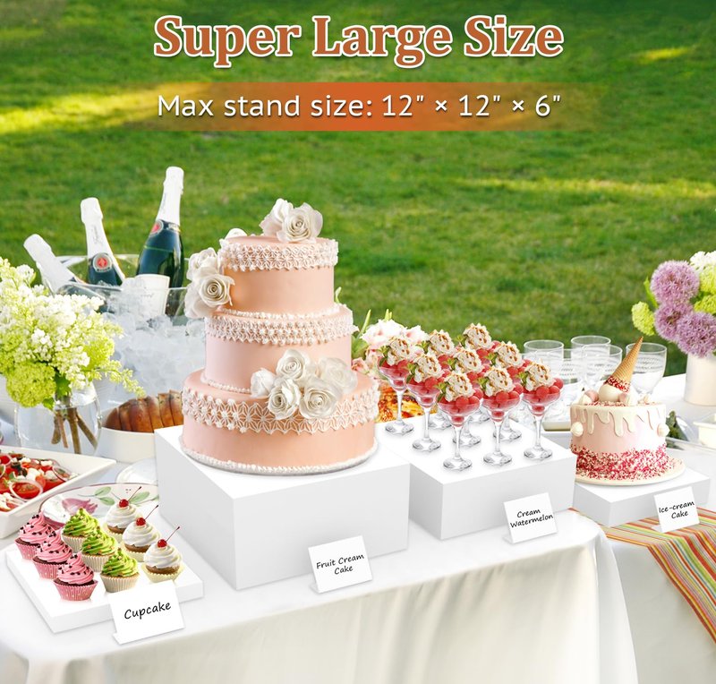 SUNEZLGO 8PCS Buffet Risers, Acrylic Large Food Risers with Mini Signs, Buffet Table Acrylic Cube Display Stands Box Risers for Party Catering Dessert Jewelry Nesting Risers with Hollow Bottom White