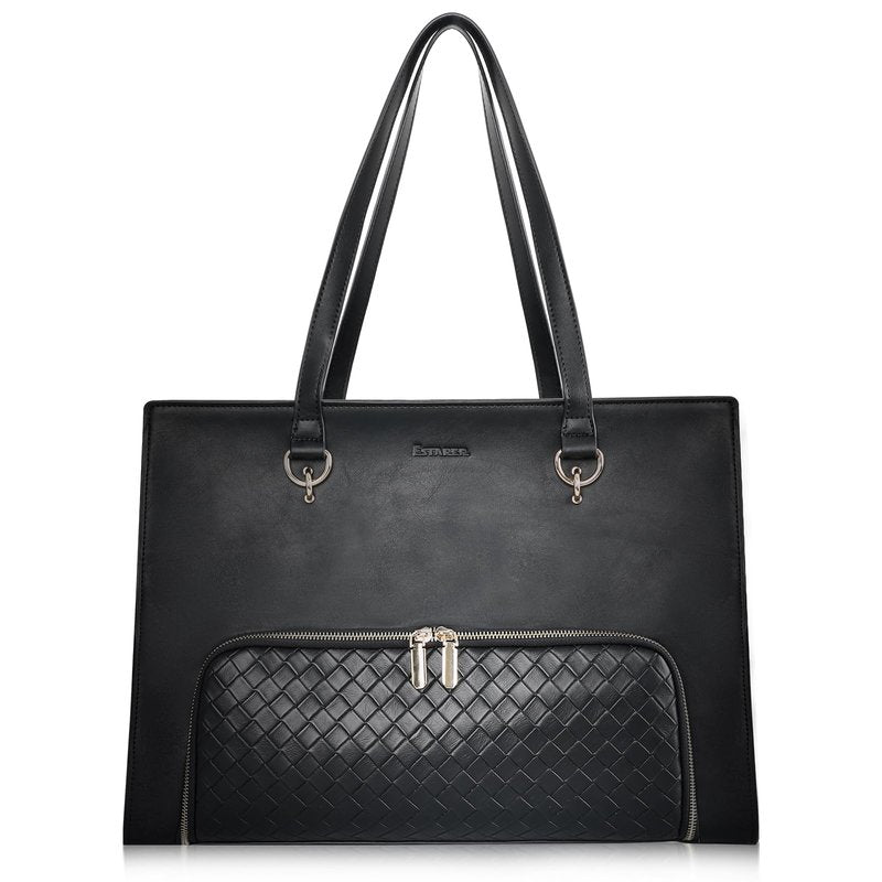 ESTARER Women Laptop Tote Bag with Insulated Lunch Compartment, 17-17.3 Inch PU Leather Work Bag Water-resistant, Convertible Large Business Computer Briefcase Handbag for Office/Travel/Casual, Black