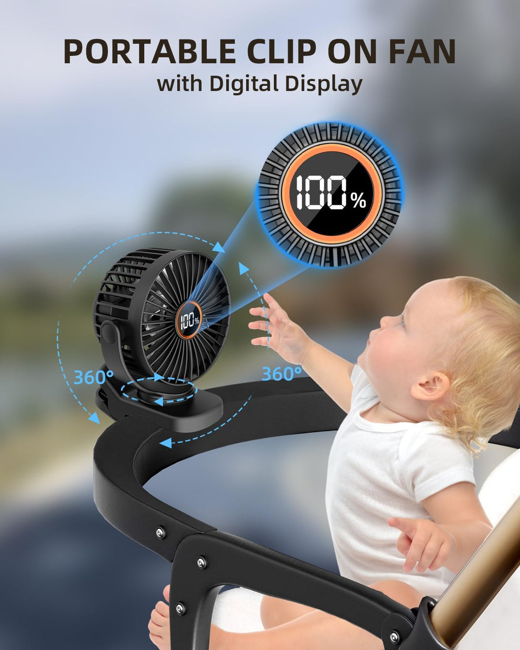 TUNISE Mini Clip-On Fan - Battery Operated, 3 Speed Adjustable, 360° Rotation, Portable for Home & Office - Black