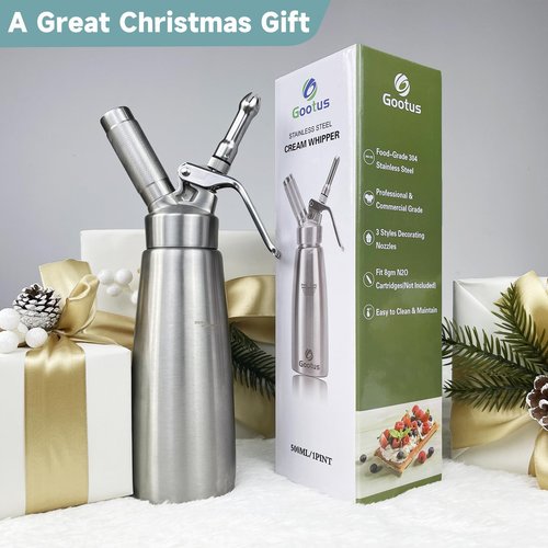 Gootus Professional Whipped Cream Dispenser - Stainless Steel, 500ml / 1 Pint Capacity, Includes 3 Stainless Decorating Nozzles and 1 Brush