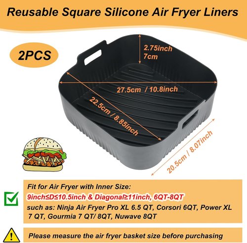 BYKITCHEN 9-Inch Square Silicone Air Fryer Liners - Reusable Tray Inserts for 6 to 8QT Air Fryers | Set of 2