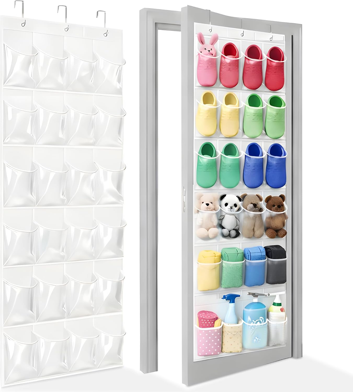 Over The Door Shoe Organizer - 24 Crystal Clear Pockets & Heavy Duty Metal Hooks | Space-Saving Shoe Storage (White)