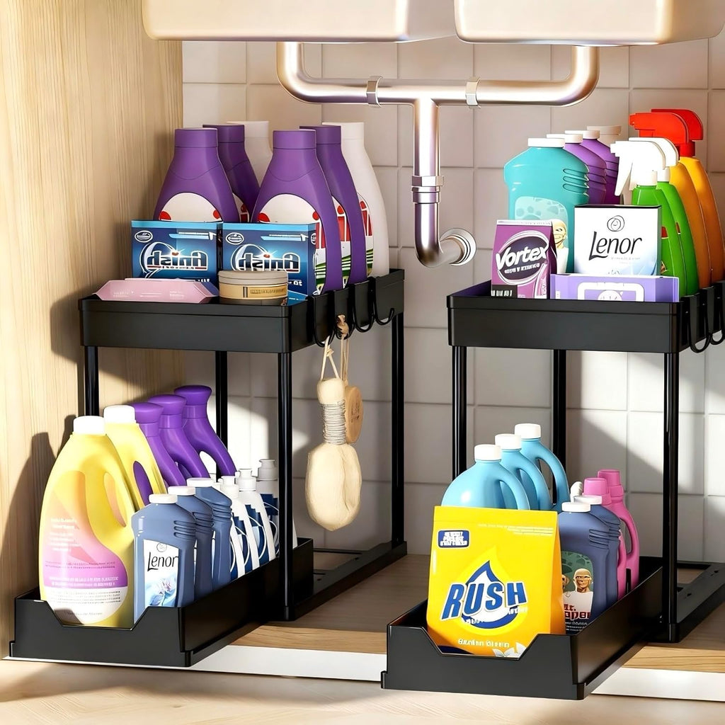 Under Sink Organizers by [Brand Name] - 2-Pack Pull-Out Sliding Cabinet Organizer with 2-Tier Storage & Hooks | 13 Inch, Black