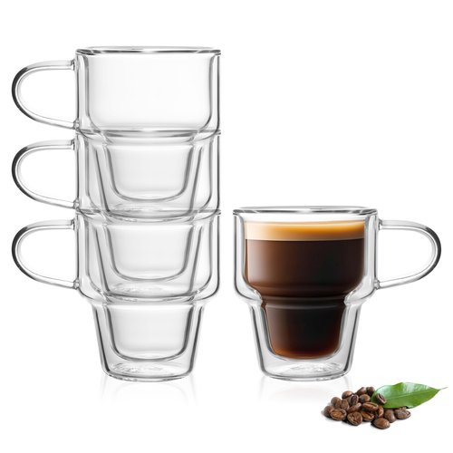 NIRA.Z 4 Pack Double Wall Glass Coffee Mugs 10 OZ Insulated Espresso Cups with Handle, Stackable Thermal Glass Coffee Cups, Ideal for Hot & Cold Drinks, Juice, Americano, Latte, Tea Bags, Cappuccinos