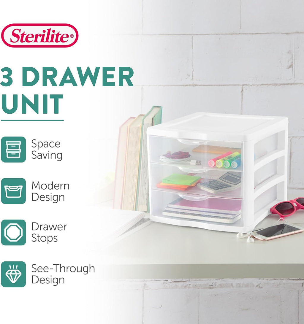 Sterilite ClearView 3-Drawer Stacking Storage Organizer System - Compact Design | 8 Pack