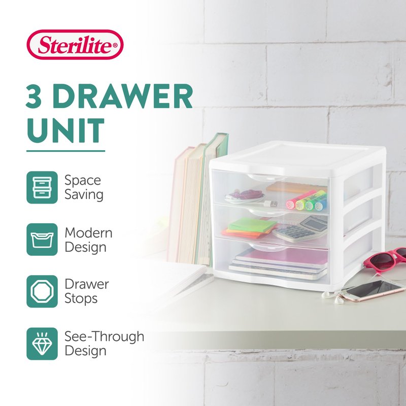 Sterilite 4-Pack 3 Drawer Unit, Stackable Plastic Organizer with Drawers, White Frame - Multi-Purpose Countertop Storage Containers for Office Supplies, Craft Rooms, Classrooms and Home Organization