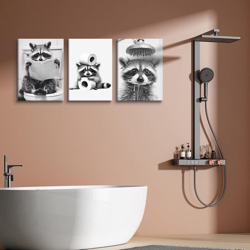 DCMVJHZV Funny Bathroom Wall Art - Cute Raccoon Canvas Decor | Black & White Farmhouse Prints (12"x16", Set of 3)