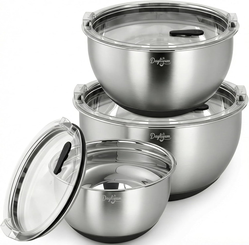 Skiennix Mixing Bowls - Stainless Steel Nesting Bowl Set with Airtight Lids | 3 Essential Sizes (1.5/3/5 QT)