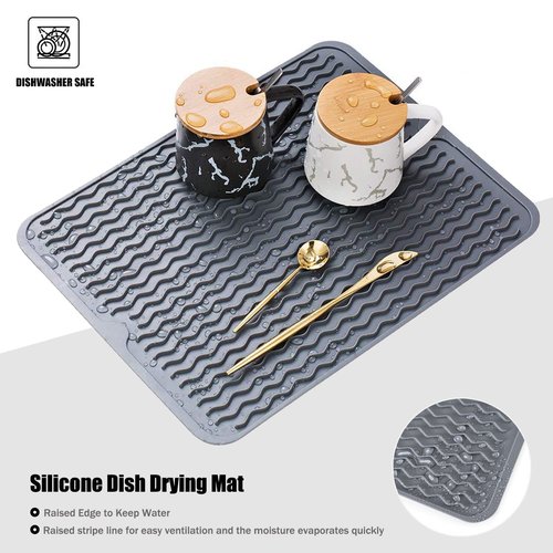 Silicone Dish Drying Mat, Non-Slip Easy Clean Sink Mat Large Heat-resistant Dish Drainer Mat for Kitchen Counter, Sink, Refrigerator or Drawer liner (18" x 16", GREY)