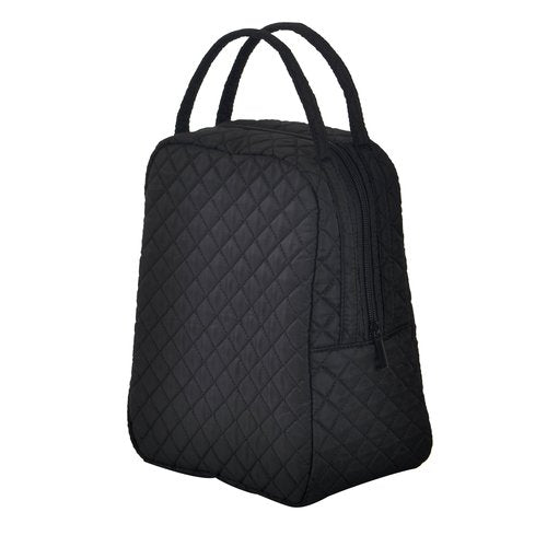 Large Quilted Fabric Cotton Reusable Inusulated Lunch Tote Bag Cooler Snack Bag Women Pretty Thermal Lunch box Storage Gift Bag for Work & Outdoor (Black)
