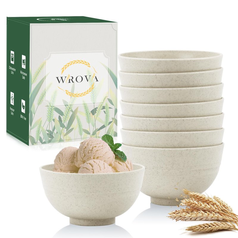 Wrova wheat straw dessert bowls 10oz set of 8 - Unbreakable snack Bowls for kids - Mini Bowls for Ice Cream,Snack and Fruits - Microwave & Dishwasher Safe Appetizer Bowl Sets - Beige