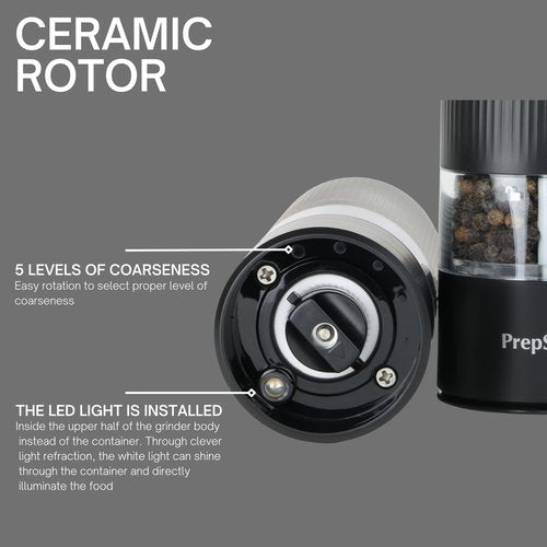 PrepSealer Electric Salt and Pepper Grinder Set, Battery Operated, Led Light, One Handed Operation, Ceramic Adjustable Coarseness (Black and White)