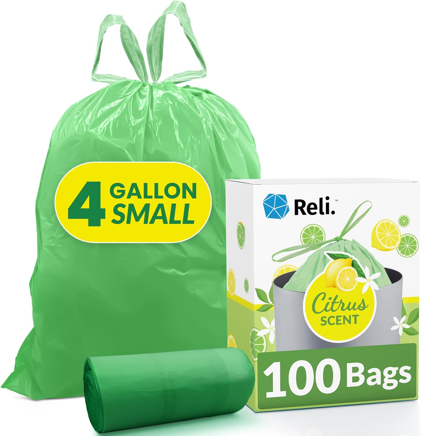Reli. Citrus Scented Drawstring Trash Bags - 4 Gallon, 100 Count | Ideal for Bathroom & Small Cans