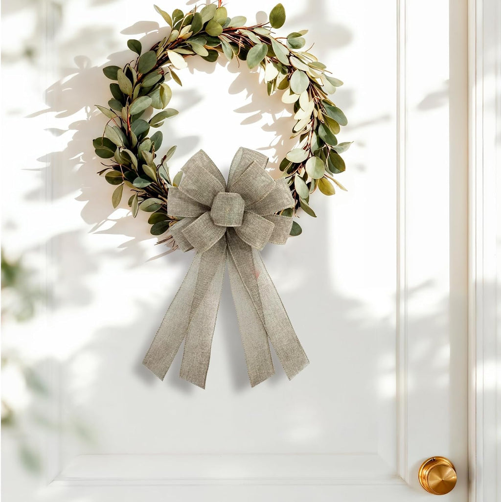 Skiennix Christmas Burlap Wreath Bow - 20 x 11 Inches Holiday Khaki Ribbon for Front Door Decor