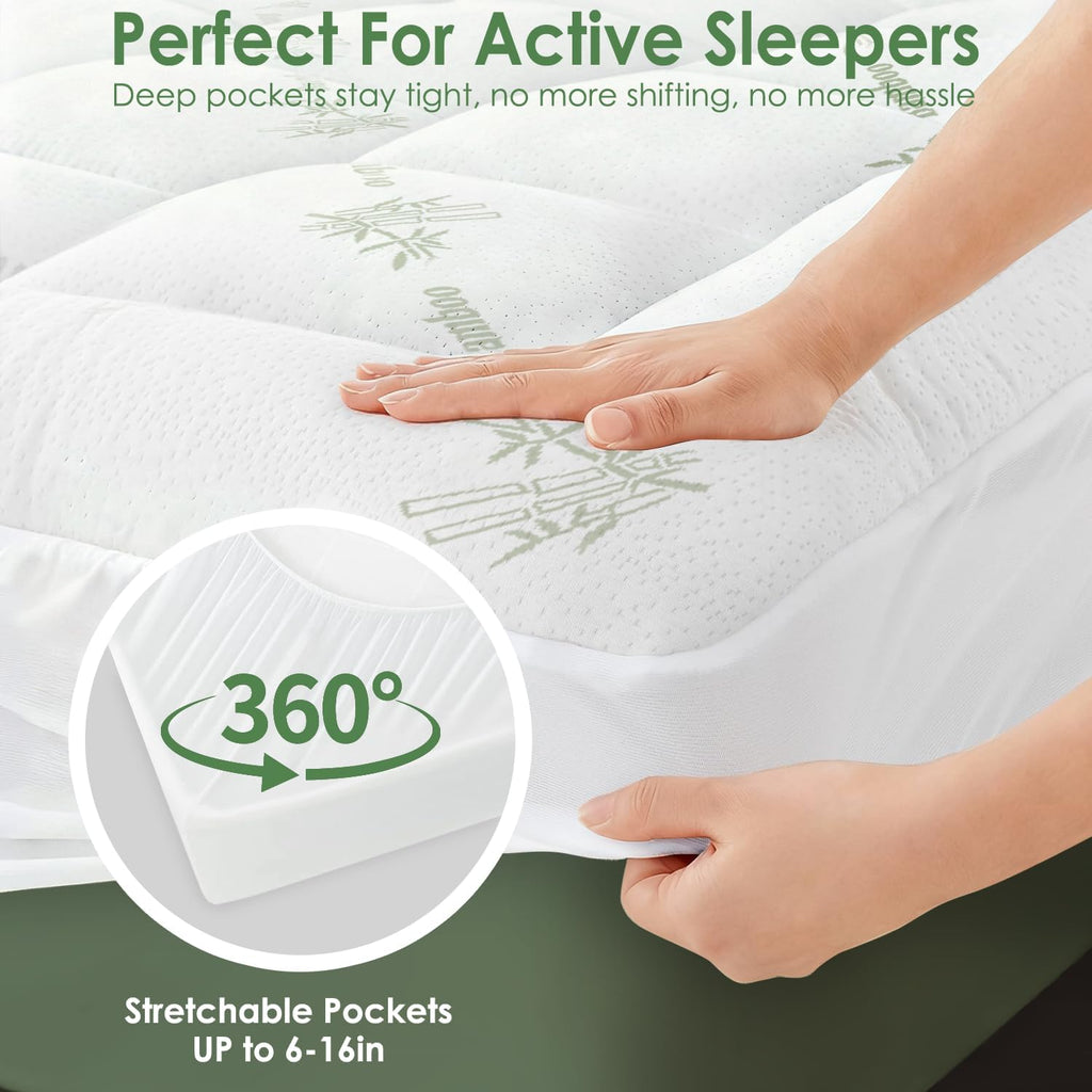 Skiennix Queen Mattress Topper - Cooling Bamboo Viscose Pillow Top Pad | Deep Pocket for 8"-18" Mattresses, Green
