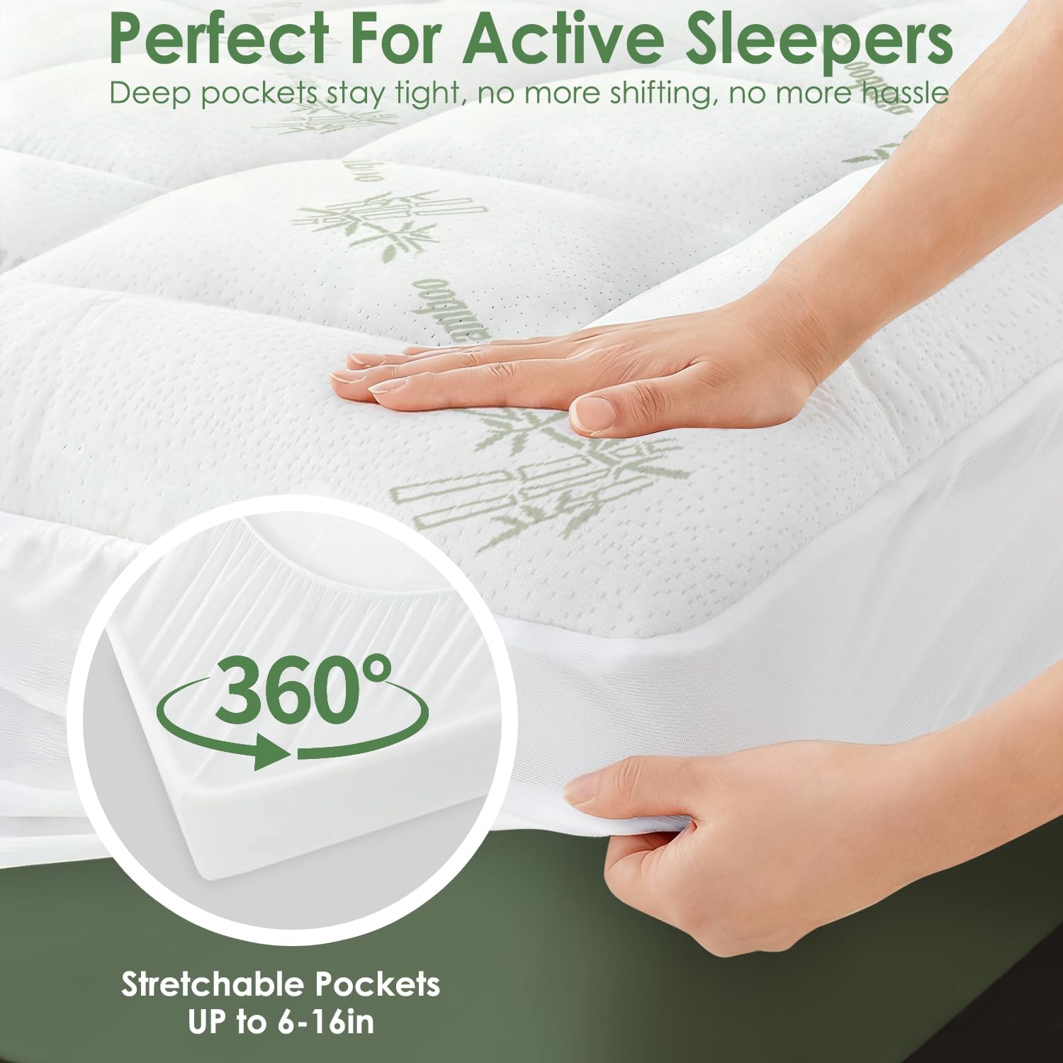 Skiennix Queen Mattress Topper - Cooling Bamboo Viscose Pillow Top Pad | Deep Pocket for 8"-18" Mattresses, Green