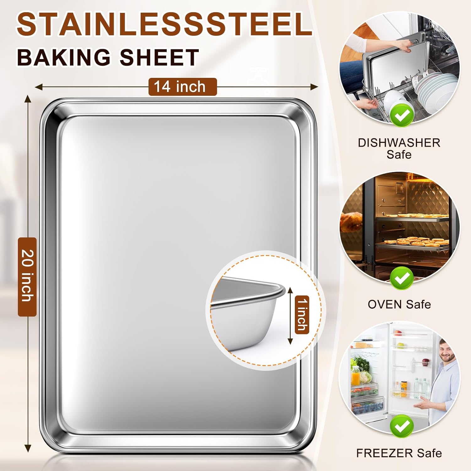 Skiennix Extra Large Stainless Steel Baking Sheet - Nonstick, Heavy Duty & Dishwasher Safe (20" x 14" x 1")