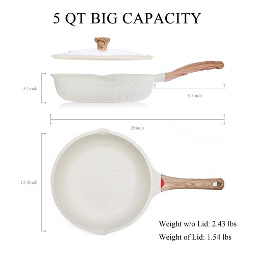 Vinchef Nonstick Deep Frying Pan, Saute Pan with Lid, 11"/5Qt, German 3C+ Ceramic Coating, Induction Compatible, White Color, Cookware for Kitchen