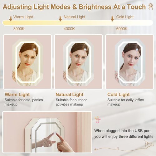 VECELO LED Jewelry Cabinet, Wall/Door-Mounted Jewelry Organizer with Frameless Lighted Mirror, Storage Hanging Cabinet, USB Port, 22.4 * 14.6 * 3.9 in, White