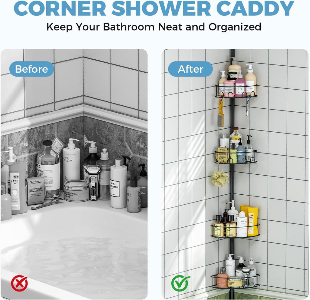 Skiennix Corner Shower Caddy - 4 Tier Adjustable Bathroom Organizer with Hidden Hook & Towel Holder | 63.7-119 Inch, Black