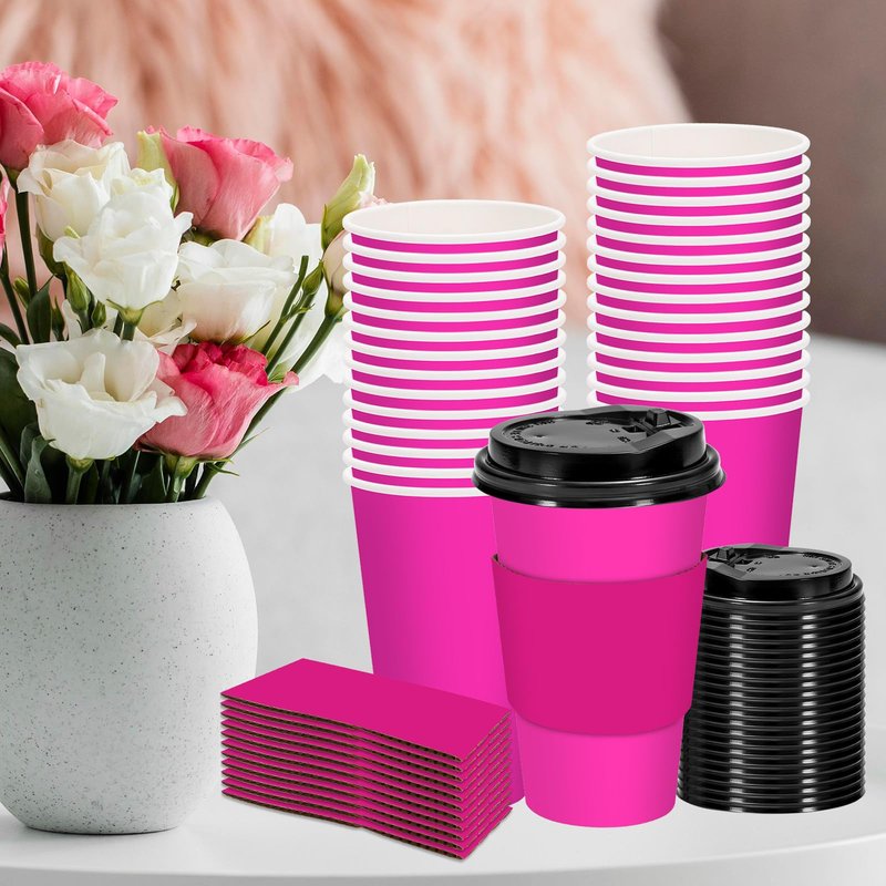 Whaline 80 Set Hot Pink Disposable Coffee Cups with Lids and Sleeves Pink Girl Paper Drinking Cups for Birthday Wedding Party Supplies