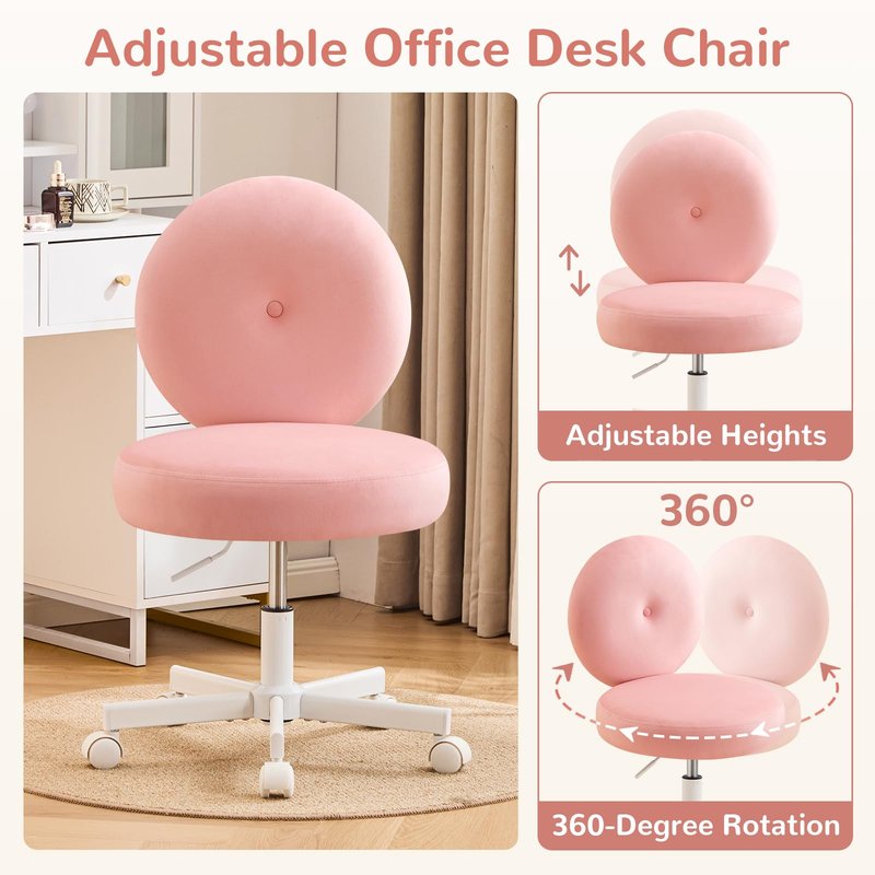 Furniliving Round Velvet Vanity Chair with Wheels, 360° Swivel Armless Desk Chair, Adjustable Height Rolling Makeup Chair for Bedroom Study Room, Pink