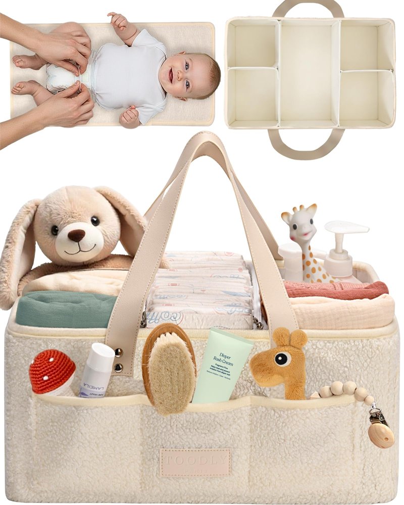 Toodly Baby Diaper Caddy Organizer with Portable Changing Mat - Teddy Fleece Diaper Organizer for Changing Table - Basket for Changing Essentials - Baby Essentials Organizer with Removable Dividers