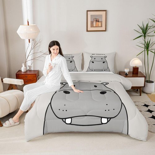 jejeloiu Kids Hippo Bedding Set Twin Size Cute Hippopotamus Comforter Set Be Happy Quote Comforter Boys Girls Teens Ultra Soft Cartoon Grey