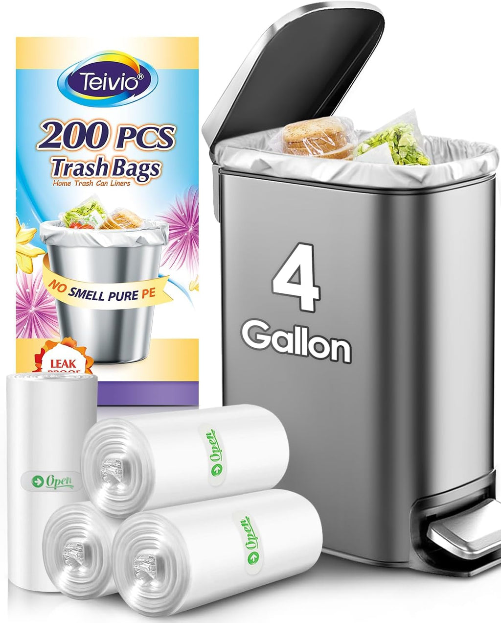 Teivio Small Trash Bags - 4 Gallon Garbage Bin Liners | 200 Count Clear Plastic Bags for Home & Office
