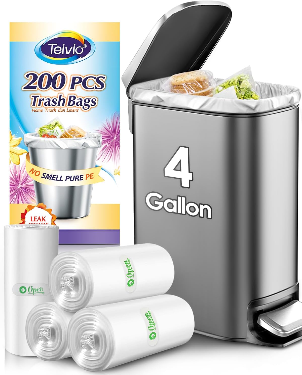 Teivio Small Trash Bags - 4 Gallon Garbage Bin Liners | 200 Count Clear Plastic Bags for Home & Office