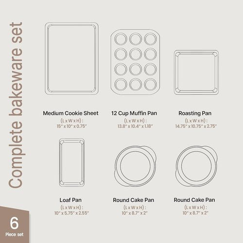 BAKKEN 6-Piece Baking Pan Set | Commercial Grade Carbon Steel, Nonstick & Stackable Design, Oven Safe Up to 450°F, Gray Marble