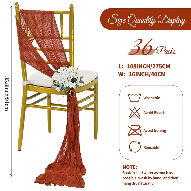 REWOMC 36 Pcs Terracotta Cheesecloth Chair Sashes, 16 x 108 inch Gauze Fabric Washable Chair Sashes Bows Designed for Aisle Decorations Universal Chair Cover Decor for Wedding Reception Party Banquet