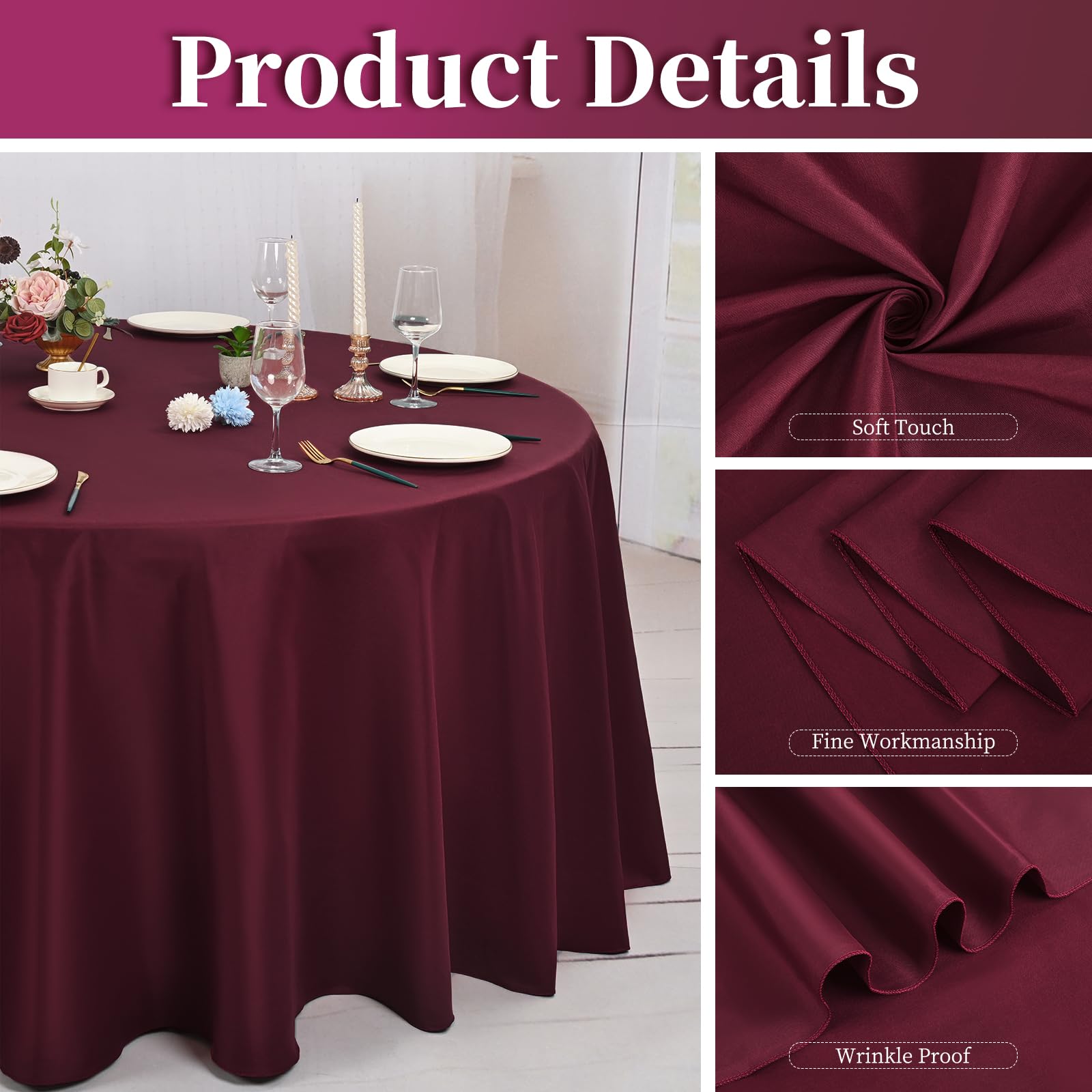 12 Pack Burgundy Round Tablecloth 90 Inch Circle Polyester Tablecloths,Washable Fabric Stain and Wrinkle Resistant Table Cover Round Table Clothes for Wedding Parties Banquet Christmas Dining