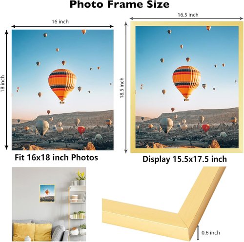 JCJMY 16x18 Gold Picture Frame - Versatile Wall Hanging for Horizontal & Vertical Photos