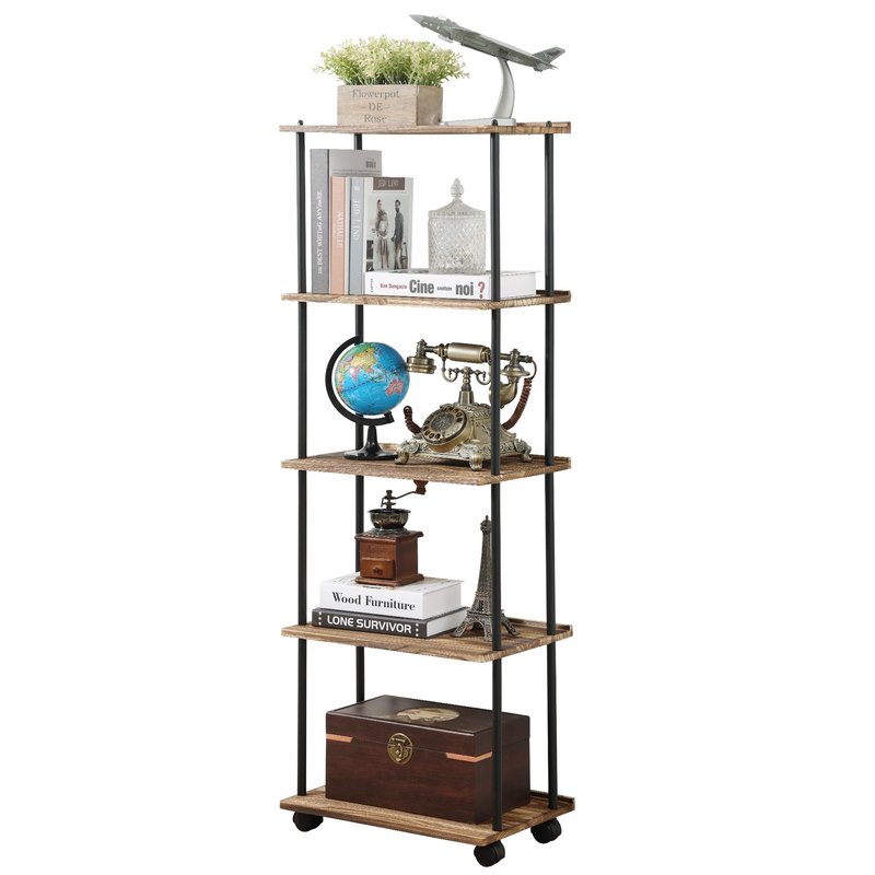 GETALL 5 Tier Bookshelf with Wheels, Tall Bookcase for Small Spaces, Solid Wood Narrow Shelf, Corner Book Shelf Storage Organizer for CDs, Movies, Movable Shelfing Unit for Bedroom, Living Room