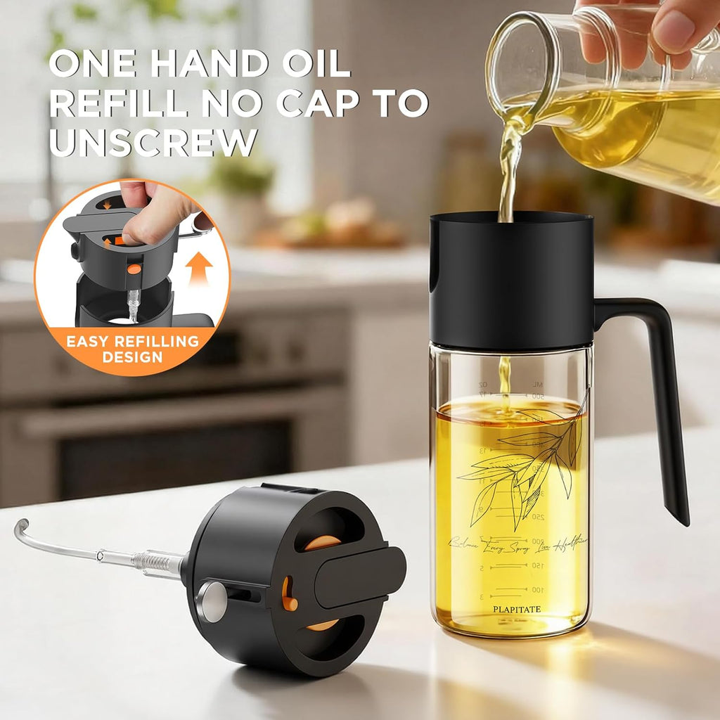 PLAPITATE Premium Olive Oil Sprayer - 2-in-1 Glass Dispenser with Portion Control | 17oz Black