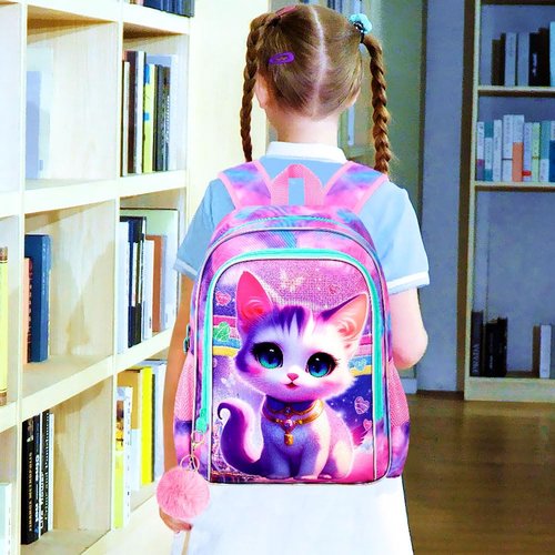 TXHVO 3Pcs Cat Backpack for School, 16" Girls Bookbag with Lunch Box, Kids Backpacks Set for Elementary Preschool Kindergarten(Pink)