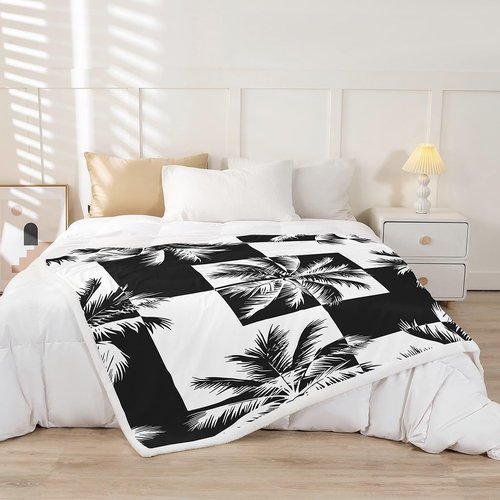Feelyou Palm Tree Print Sherpa Blanket Tropical Palm Leaf Throw Blanket for Couch Bed Sofa Black White Geometric Square Decor Fleece Blanket Hawaiian Nature Theme Fuzzy Blanket Queen 90"x90"