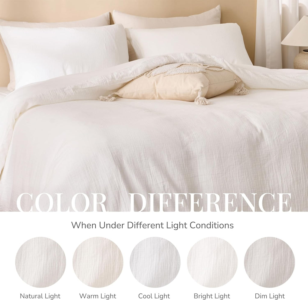 Skiennix Off White Queen Duvet Cover Set - 100% Sandwashed Cotton, 3 Pieces with Zipper Closure & Corner Buttons