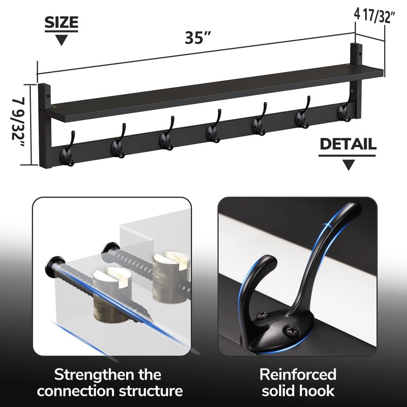 BAMEOS Wall Hooks with Shelf 35 Inch Length Entryway Hanging Shelf Wood Coat Hooks Wall-Mounted Coat Hook Rack with 7 Dual Hooks for Bathroom, Living Room, Bedroom (Black)