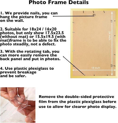 JCJMY 18x24 Picture Frame - Display 16x20 Photos with Mat or 18x24 Without Mat | Gold Finish