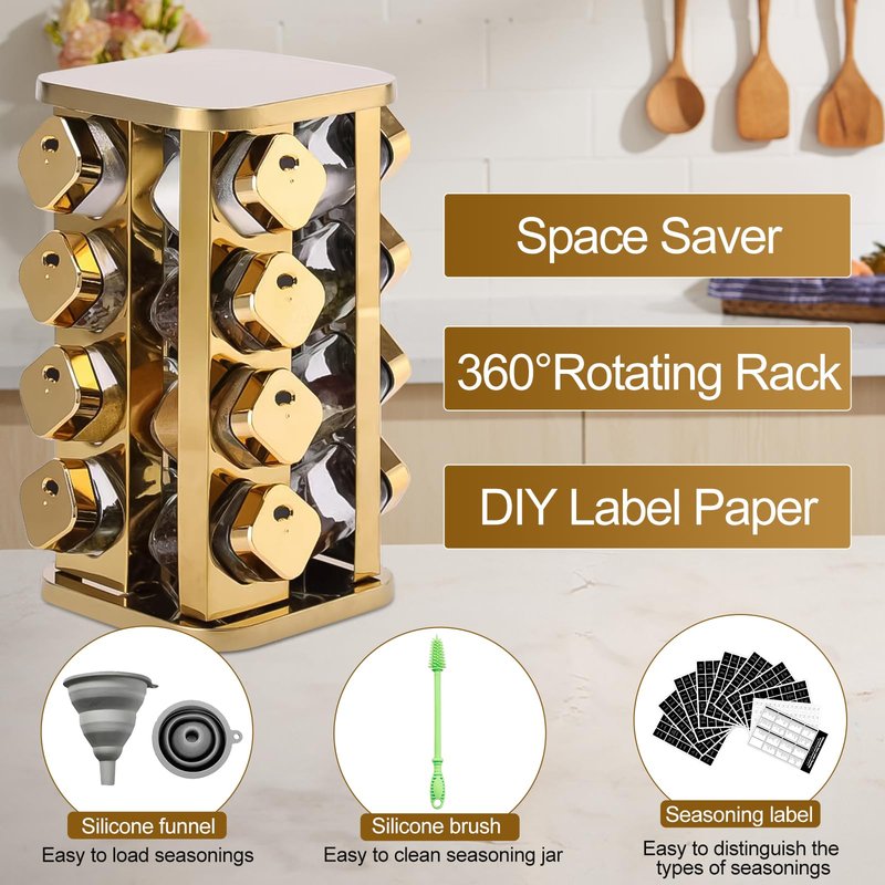 THYEUISM Kitchen stainless steel spice rack with 16 food grade glass cans-275 spice label-rotating vertical bracket and countertop seasoning rack cabinet tower storage rack (golden, 16)