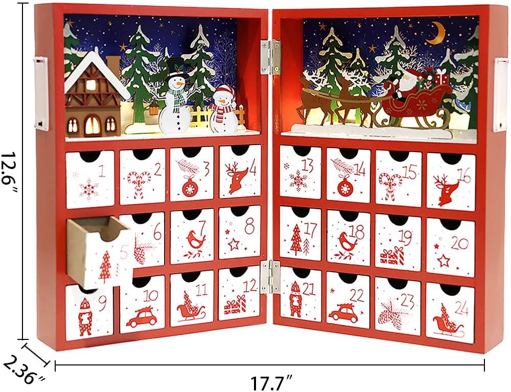 Regine Switzerland Christmas Wooden Advent Calendar - LED Lighting, Red Snowman & Santa Design, 24 Drawers for Holiday Countdown Decor