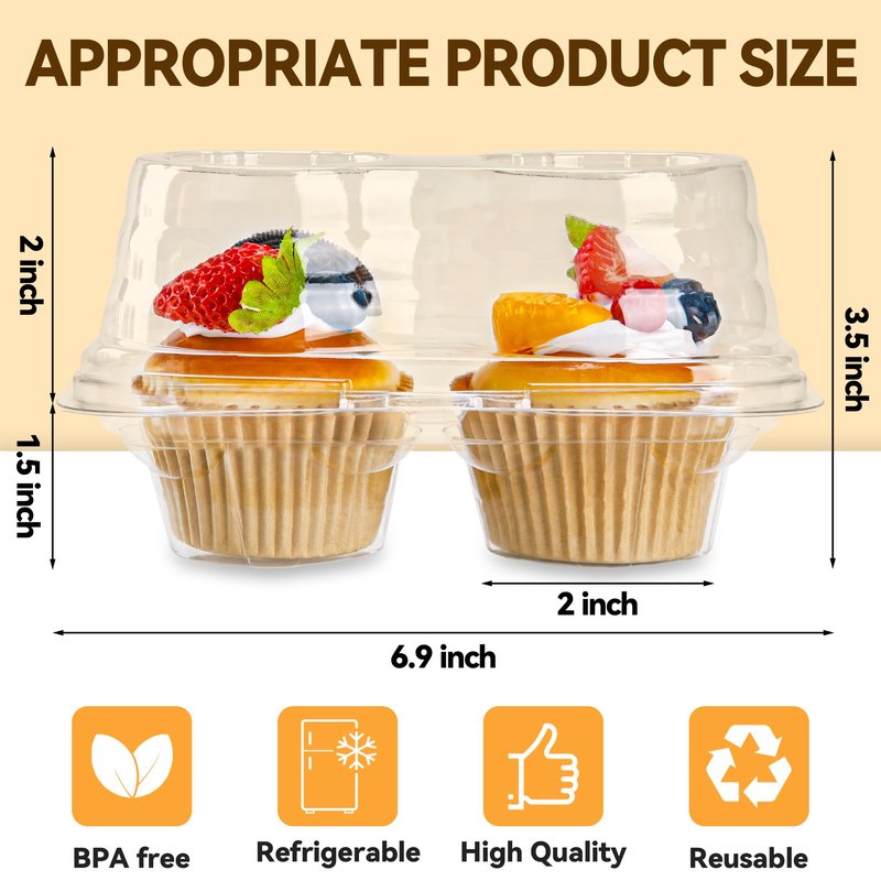 NPLUX 2 Count Cupcake Containers 75 Pack Cupcake Holder with Connected Airtight Lid Cupcake Boxes for 150 Cupcakes Muffins, BPA Free, Standard Size