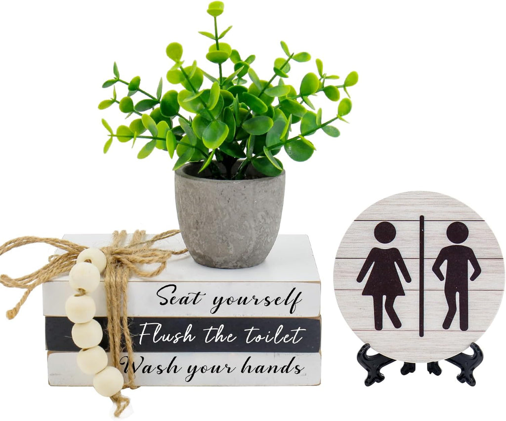 Skiennix Bathroom Shelf Decor - Funny Wooden Signs with Fake Plants | 3D Round Design for Guest Restrooms