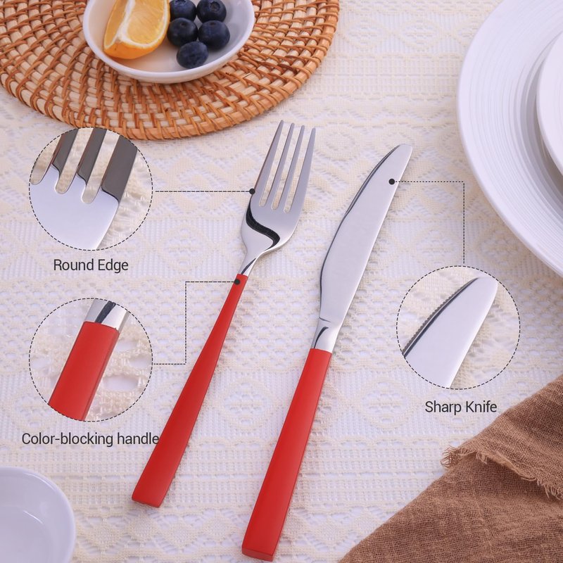 20-Piece Silverware Set Stainless Steel Flatware with Dual-Tone Handles Service for 4 Dinner Knives, Forks & Spoons Mirror Finish Dishwasher Safe (Red)