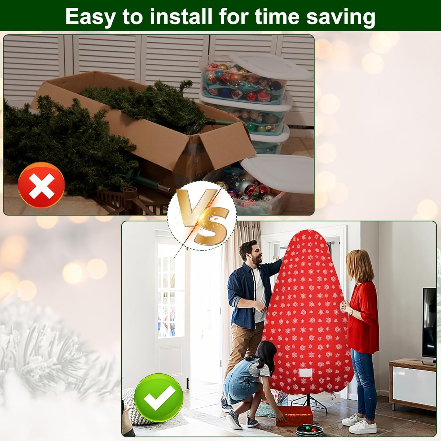 Skiennix Christmas Tree Cover - Durable Storage Bag with Zipper & Drawstring for Up to 6-Foot Tree | Dustproof Red with Snow Print